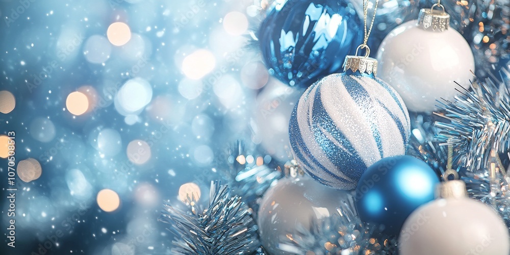 A festive Christmas background with sparkly blue, white, and silver ornaments wrapped in shimmering tinsel. A festive Christmas background with sparkly blue, white, and silver ornaments wrapped in shimmering tinsel.
