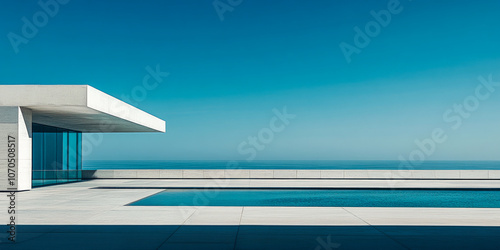 Modern minimalist architecture with ocean view and swimming pool on a clear sunny day