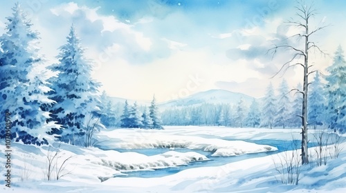 A serene winter landscape featuring snow-covered trees, a tranquil river, and soft blue skies reflecting the calmness of nature.