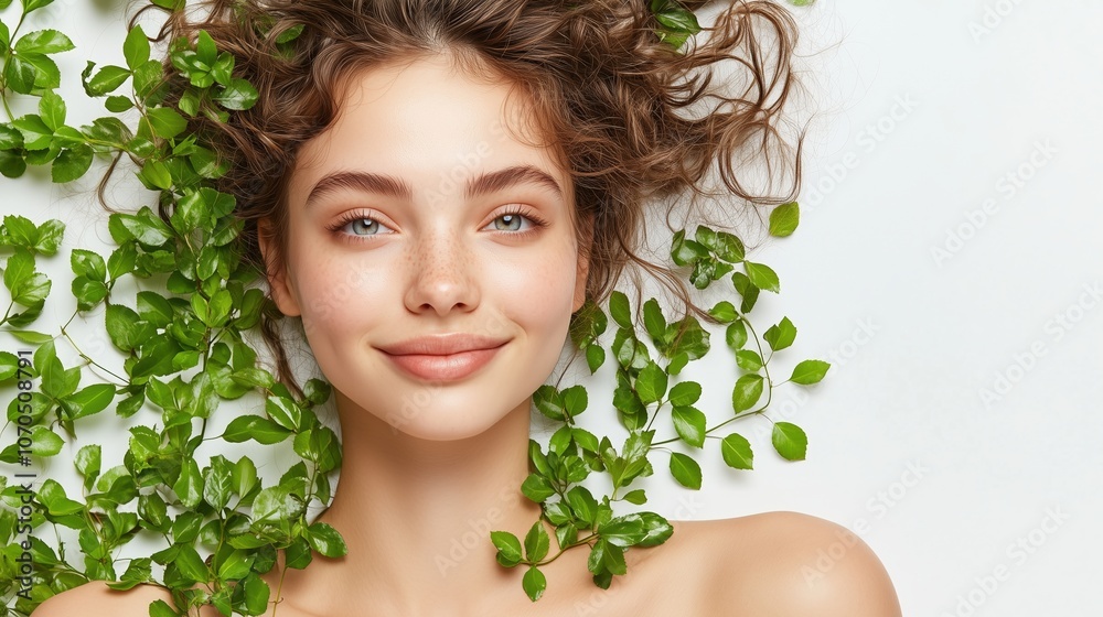 Cheerful woman surrounded by fresh green leaves, natural beauty Cheerful woman surrounded by fresh green leaves, natural beauty
