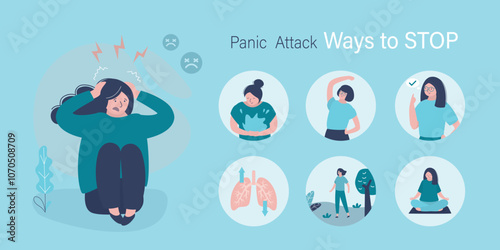 How to stop a panic attack - infographic poster with set of methods. Female character feeling fear and pain, panic attack. Ways to stop fit of uncontrollable fear.