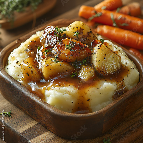 Creamy mashed potatoes topped with savory gravy and roasted vegetables, including carrots and herbs, create comforting rustic kitchen scene