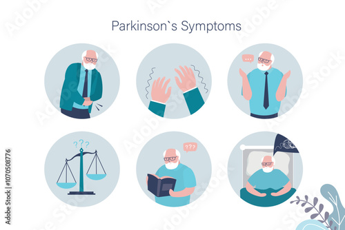Medical poster Parkinson's disease. Senior with symptoms of the disease. Prevention. Sick old man. Infographic with medical icons, signs and Alzheimer's symptoms.