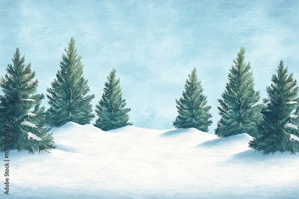 Winter scene with pine trees and snow, creating serene atmosphere. soft blue sky complements lush green of trees, evoking peaceful, chilly day Winter scene with pine trees and snow, creating serene atmosphere. soft blue sky complements lush green of trees, evoking peaceful, chilly day