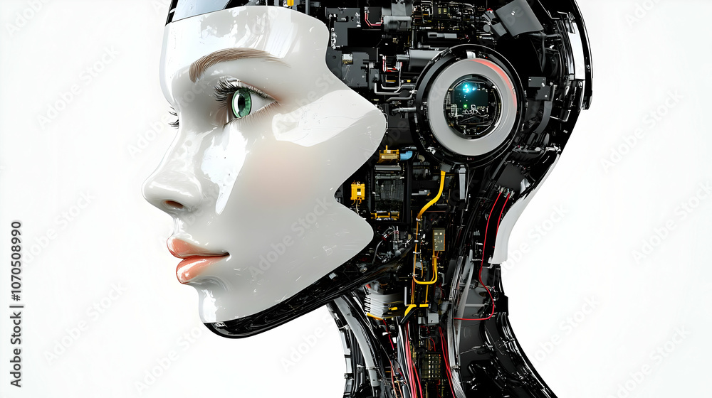 A 3D Rendering of a Female Robot with Exposed Wiring and Circuitry, Revealing the Complex Mechanisms that Power her Artificial Intelligence. A 3D Rendering of a Female Robot with Exposed Wiring and Circuitry, Revealing the Complex Mechanisms that Power her Artificial Intelligence.