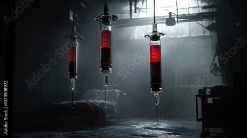 Exploring the dark aesthetics of suspended syringes in a haunting setting