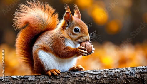 A vertical footage of an Eurasian red squirrel stands on a tree branch eating nuts in daytime with blur background