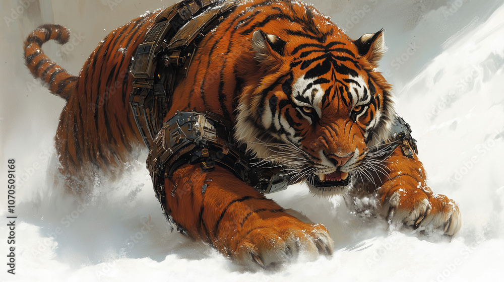 Obraz premium Cybernetic Tiger in Snowy Landscape