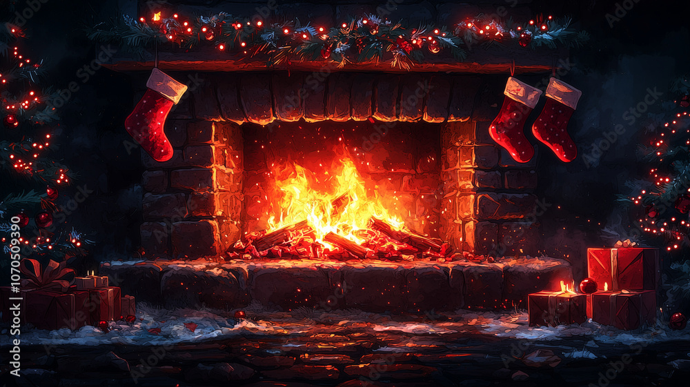 cozy traditional holiday fireplace adorned with stockings, glowing with warm fire. scene is festive, featuring decorations, gifts, and welcoming atmosphere cozy traditional holiday fireplace adorned with stockings, glowing with warm fire. scene is festive, featuring decorations, gifts, and welcoming atmosphere