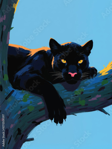 illustration of a black panther resting on a tree branch, looking directly at the viewer, set against a blue background