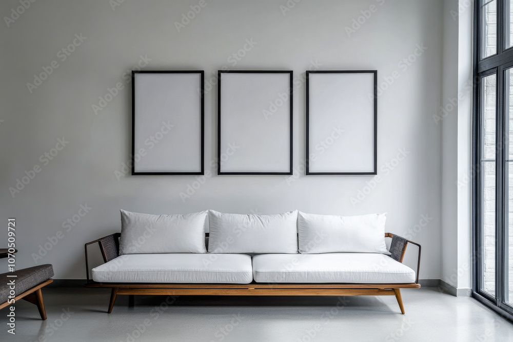 Modern minimalistic living room with a white sofa and blank frames on the wall Modern minimalistic living room with a white sofa and blank frames on the wall