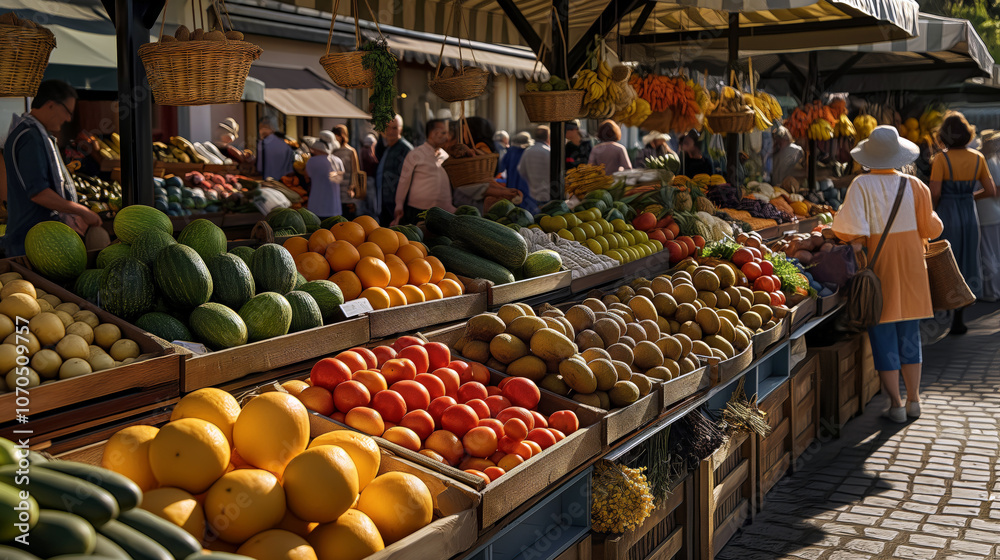 Obraz premium Market fresh produce oranges tomatoes broccoli people shopping walking. AI generated