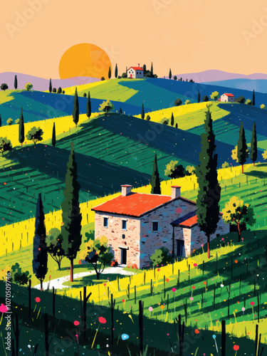 illustration of a panoramic view of rolling hills with lush vineyards, a rustic farmhouse with a red-tiled roof, olive trees, cypress trees, and a golden sunset sky in italy’s wine country