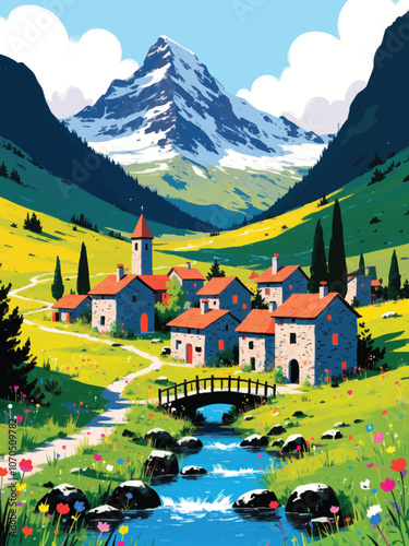 illustration of a tranquil italian mountain village nestled in the foothills of the alps, with snow-capped peaks, a clear blue stream, stone cottages, wildflowers, and winding footpaths