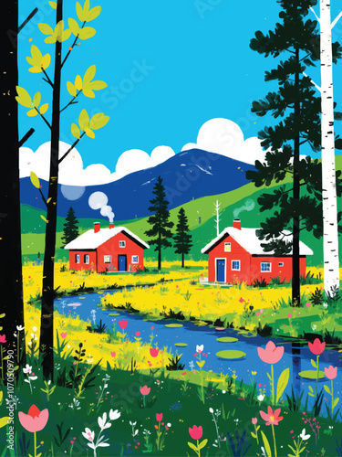 illustration of a tranquil Scandinavian spring landscape with fresh greenery, wildflowers, clear blue sky, in warm sunlight