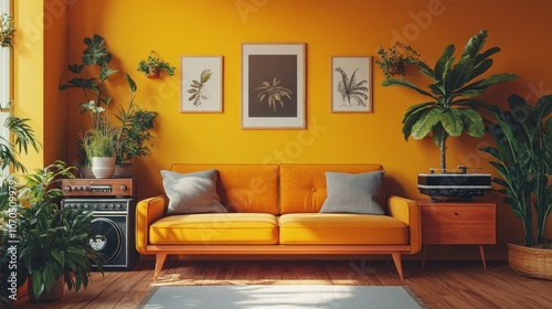 Yellow Living Room with Plants and Vintage Stereo