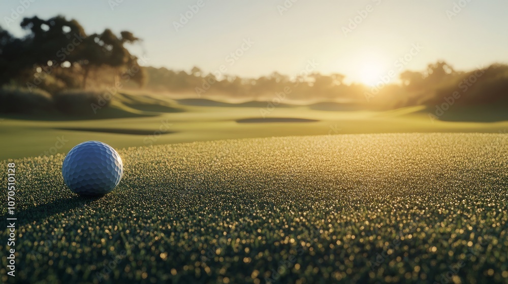 Golf clubs and a ball on a pristine green, early morning light casts a serene glow, inviting players to embrace a new day on the course Golf clubs and a ball on a pristine green, early morning light casts a serene glow, inviting players to embrace a new day on the course
