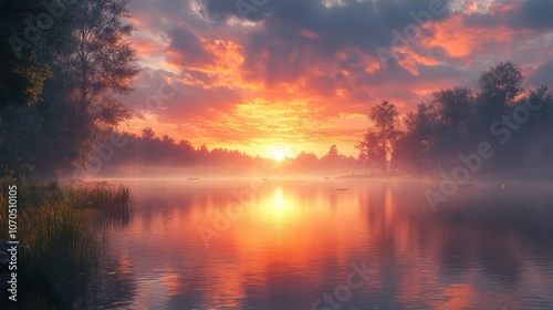 Serene sunset over a misty lake with vibrant colors and reflections.
