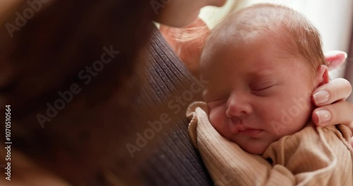Shows a loving mother holding her cherished newborn, showcasing pure love and affection. Tender Moment The Heartwarming Bond Between Newborn and Loving Mother Reflecting Their Connection