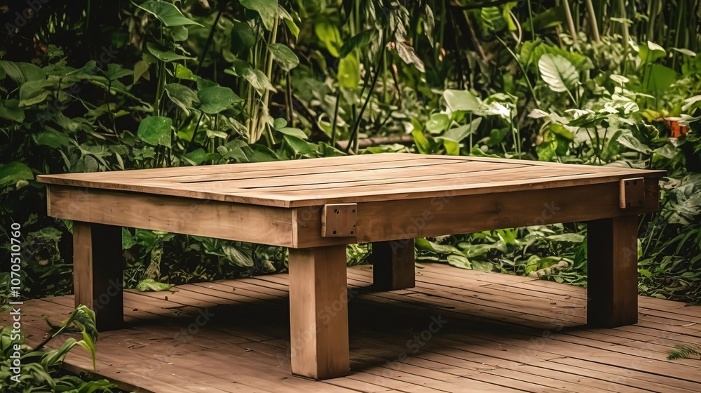 Fototapeta premium Wooden Table Surrounded by Lush Greenery