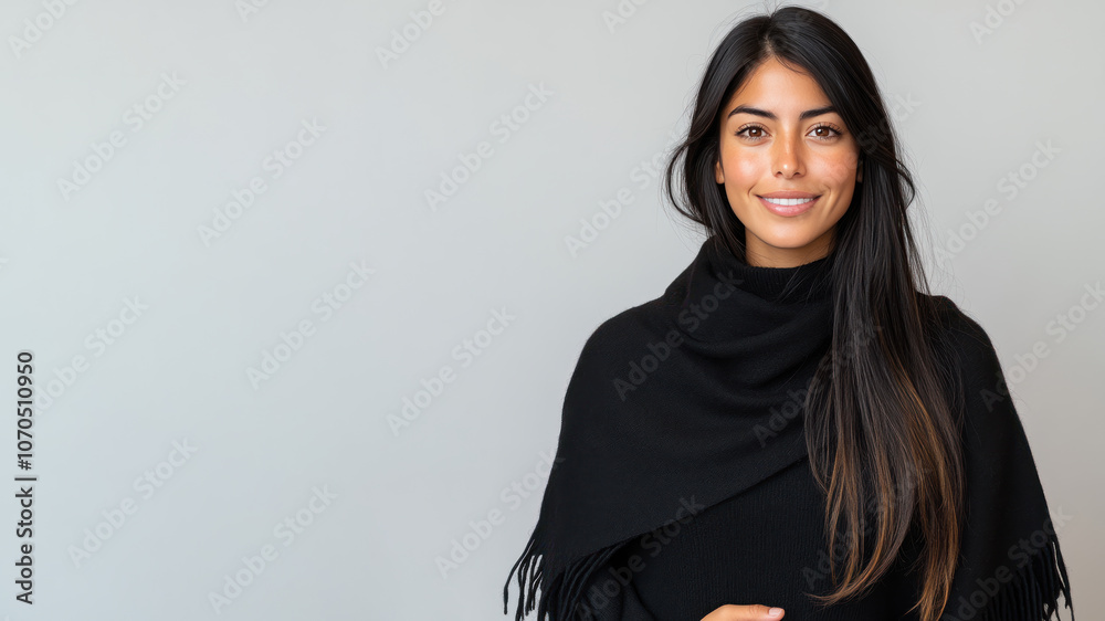 Hispanic woman wearing traditional cloak wool poncho isolated on gray Hispanic woman wearing traditional cloak wool poncho isolated on gray