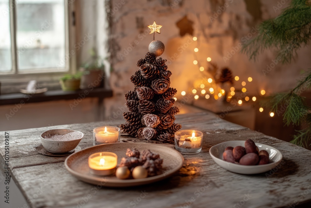 Tabletop Christmas tree made of pinecones, surrounded by small candles and fairy lights Tabletop Christmas tree made of pinecones, surrounded by small candles and fairy lights