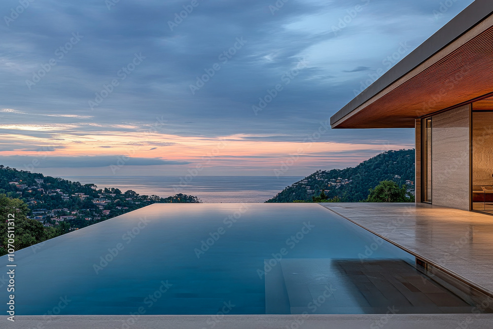 Fototapeta premium Serene sunset view from a luxurious infinity pool overlooking a coastal landscape