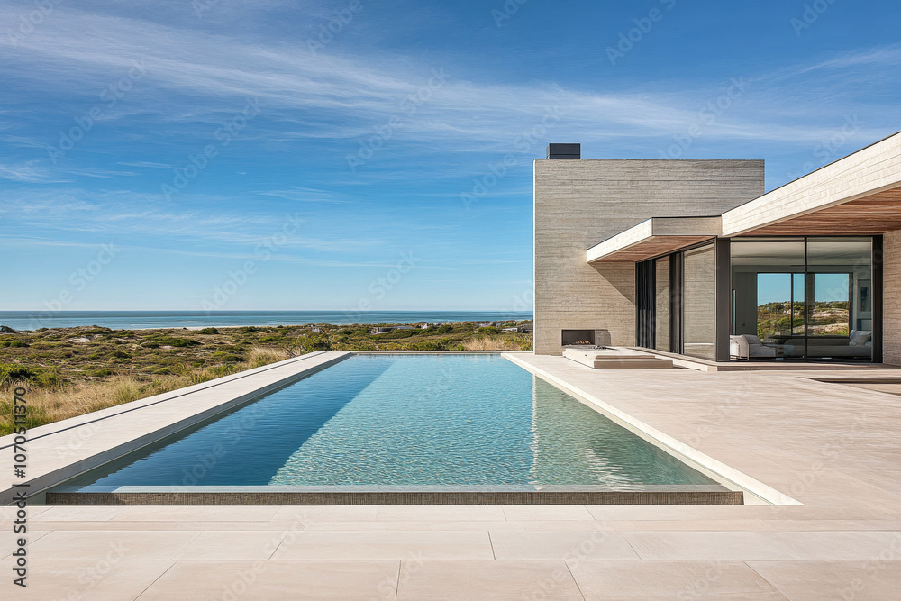 Fototapeta premium Modern coastal villa with infinity pool overlooking the serene ocean landscape in sunny weather