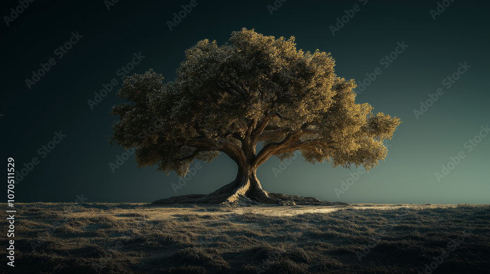 A majestic oak tree with twisting branches and deep roots A majestic oak tree with twisting branches and deep roots