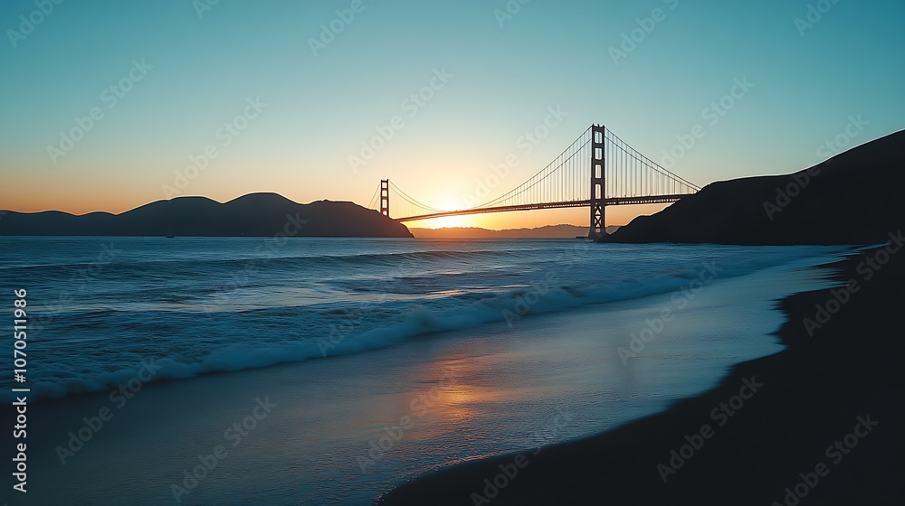 Fototapeta premium Golden Gate Bridge Illuminated by Dusk Light Against a Spectacular Sunset Horizon : Generative AI
