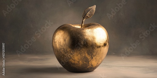 A golden apple made of metal, used as a decorative ornament.