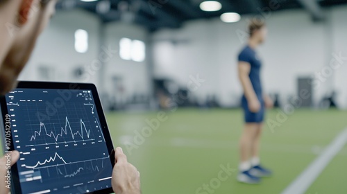 Wallpaper Mural AI-Driven Sports Performance Metrics on Tablet - Close-Up of Athlete Analyzing Muscle Recovery Agility and Endurance Data in Modern Training Environment Torontodigital.ca