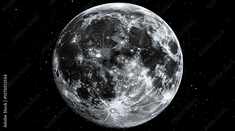 Obraz premium Detailed Close-up of the Moon's Surface with Visible Craters and Shadows Against a Starry Black Sky