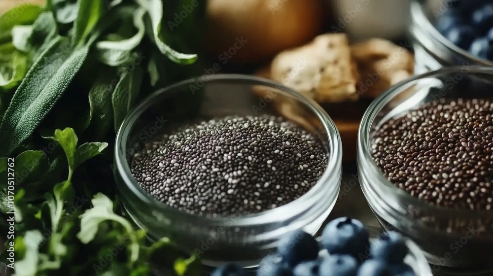 Superfoods Display on Kitchen Counter, vibrant arrangement of chia seeds, quinoa, blueberries, showcasing their nutritional advantages and promoting healthy eating habits Superfoods Display on Kitchen Counter, vibrant arrangement of chia seeds, quinoa, blueberries, showcasing their nutritional advantages and promoting healthy eating habits