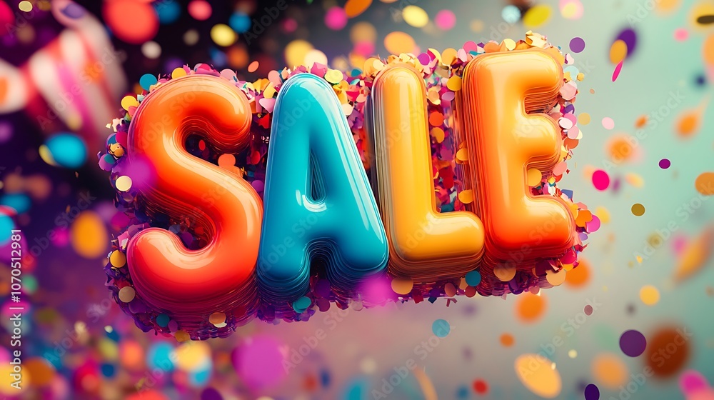 SALE letters in a 3D bubble style with vibrant colors and a confetti-filled background SALE letters in a 3D bubble style with vibrant colors and a confetti-filled background