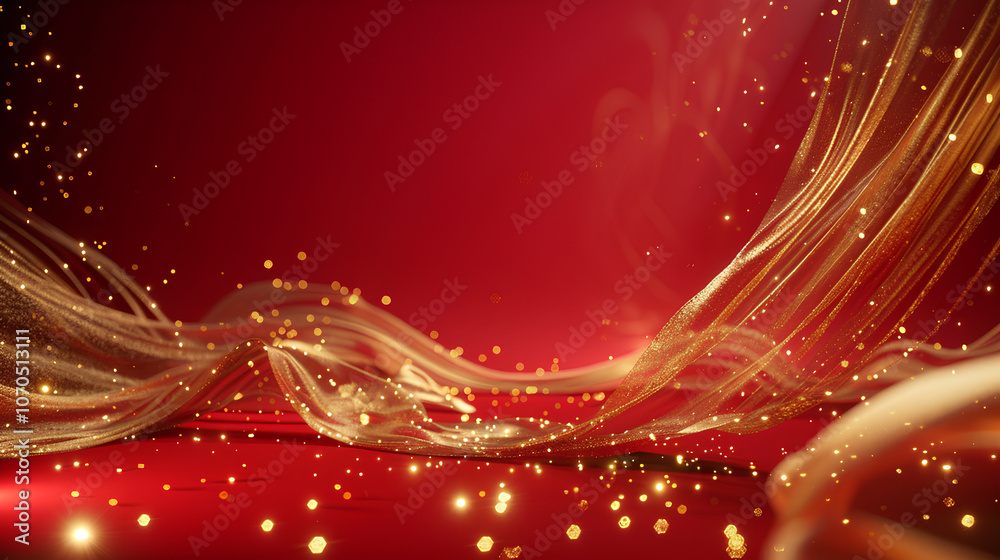 Obraz premium Red background, golden ribbon flowing on the right side of the screen, with light and shadow effects on both sides, simple red color scheme, Chinese New Year atmosphere, Spring Festival elements