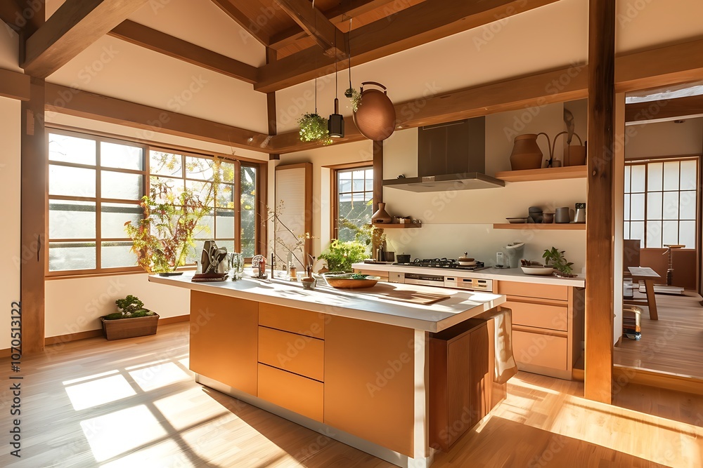 Modern Kitchen with Wooden Beams and Island Counter Modern Kitchen with Wooden Beams and Island Counter