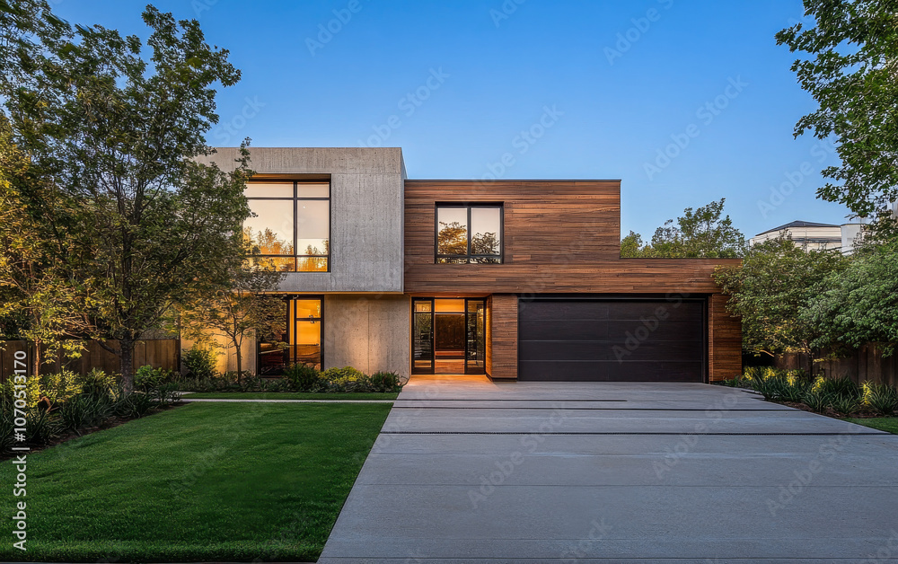 The view highlights a contemporary home featuring a mix of concrete and wood materials The view highlights a contemporary home featuring a mix of concrete and wood materials