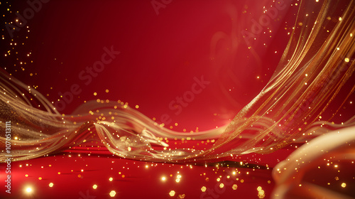 Red background, golden ribbon flowing on the right side of the screen, with light and shadow effects on both sides, simple red color scheme, Chinese New Year atmosphere, Spring Festival elements