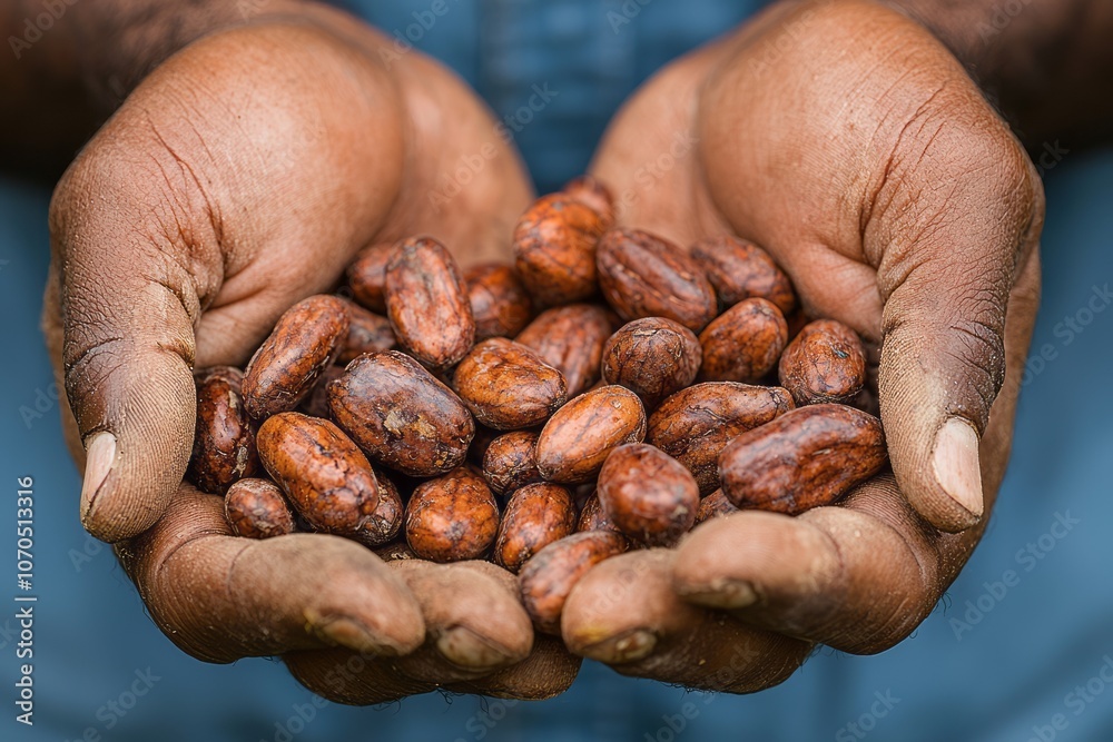 Fototapeta premium A farmer displays freshly harvested cacao pods in hands, showcasing the rich harvest
