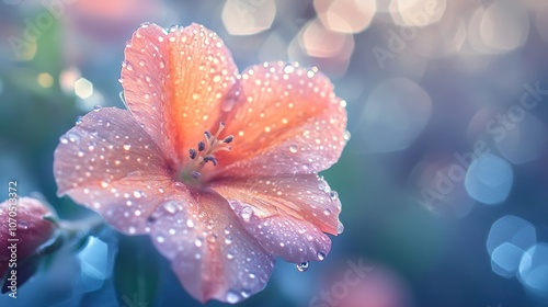 A close-up of a pink flower with dew drops, set against a soft, blurred background.