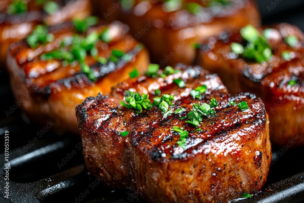 Juicy grilled steaks seasoned with herbs on a hot grill, ready to serve at dinner time Juicy grilled steaks seasoned with herbs on a hot grill, ready to serve at dinner time