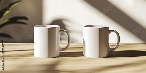 Elegant coffee mug pair on a wooden tabletop bathed in warm sunrays for a serene and inviting kitchen atmosphere : Generative AI