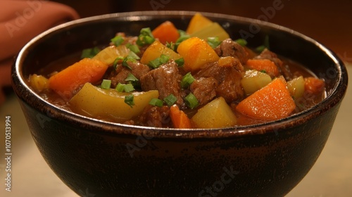 A bowl of hearty beef stew with potatoes, carrots, and onions.