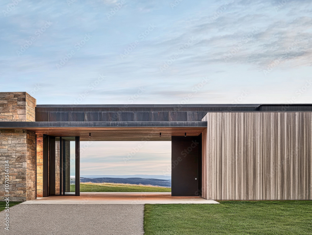 Modern architectural design of a hillside home with panoramic views in the early evening light
