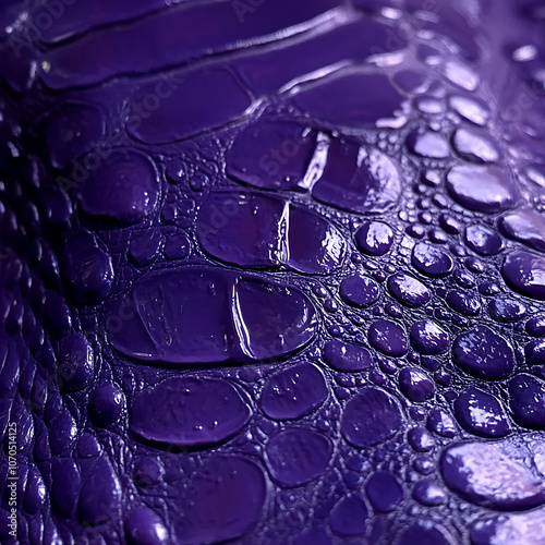 Luxurious royal purple alligator skin with glossy texture and water droplets, showcasing intricate patterns and vibrant color. Perfect for high end fashion or design photo