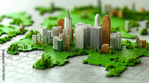 3D Rendered Cityscape Model on a Green Puzzle Piece World Map, Representing Urban Development and Sustainability
