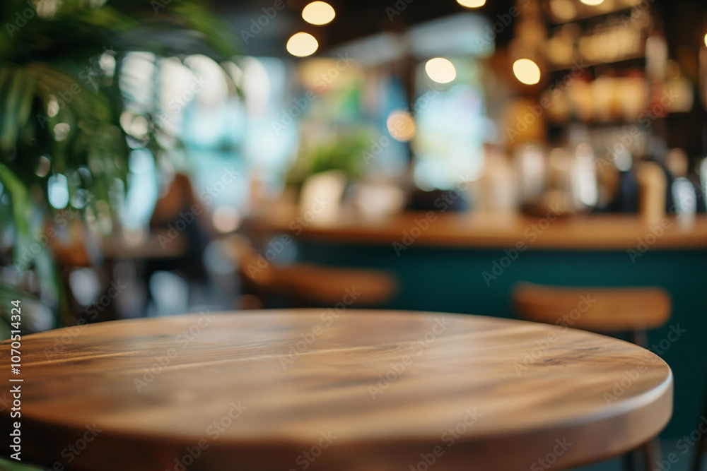 Empty wooden tabletop with a blurred background of coffee shop or restaurant. Empty wooden tabletop with a blurred background of coffee shop or restaurant.