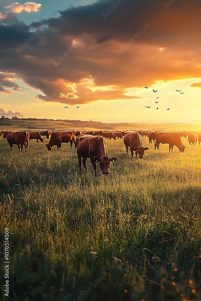 Dramatic Sky over Meadow with Cattle and Sunset Atmosphere : Generative AI Dramatic Sky over Meadow with Cattle and Sunset Atmosphere : Generative AI