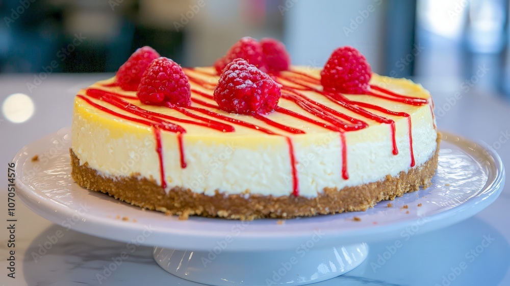 A close-up of a delicious cheesecake with a raspberry sauce and fresh raspberries on top. A close-up of a delicious cheesecake with a raspberry sauce and fresh raspberries on top.